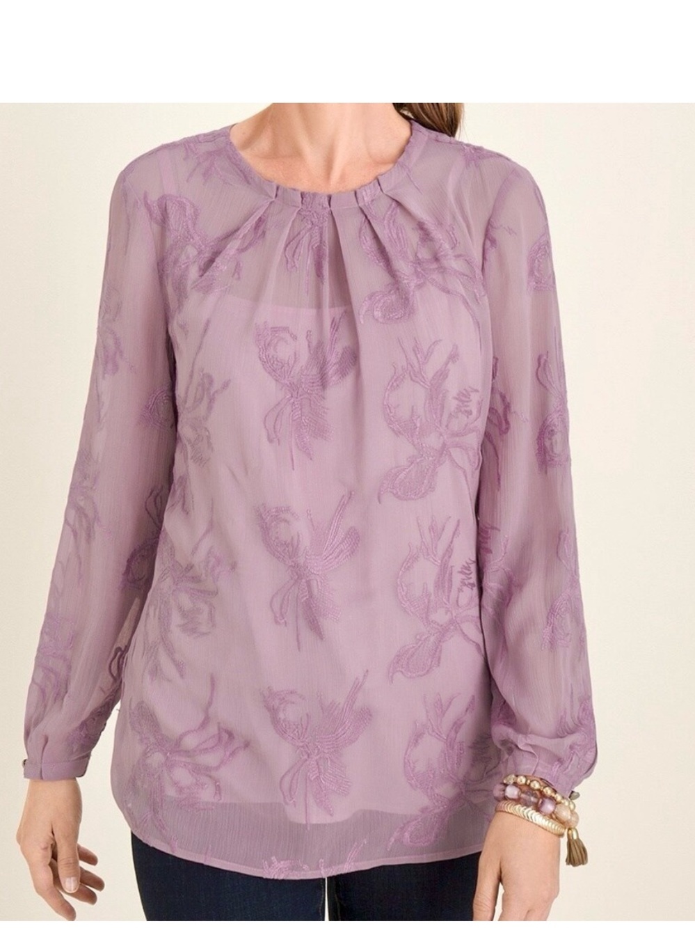 Chico’s Tonal Embroidered Crinkle Top Women’s Size L Chiffon Boho Peasant Lined